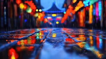 Rainy Night City Street Reflection Colorful Lights Abstract Background Image photo