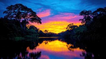 Vibrant Sunset over a Tropical River in Lush Rainforest Tranquil Water Reflects Colorful Sky photo