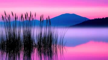 Serene Sunset Landscape Silhouetted Reeds Reflecting on Calm Lake Waters at Dusk with Misty Mountains in Background photo