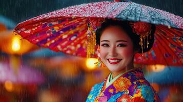 Happy Asian Woman in Colorful Kimono Smiles Under a Rain Soaked Japanese Umbrella photo
