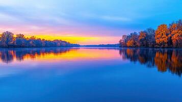Serene Autumn Sunrise over Calm Lake with Colorful Trees Reflected in Water photo