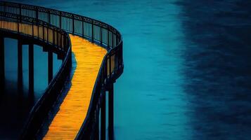 Serene Yellow Walkway Over Teal Water A Stunning Coastal Wooden Bridge Path photo