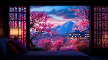 Serene Bedroom View Pink Cherry Blossoms and Mountain Scenery at Sunset photo