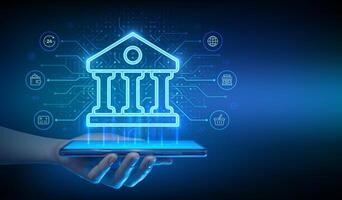 Banking service. Using a online banking application on smartphone. Finance and banking global internet connection. Financial transaction. API Fintech. Circuit board background. vector