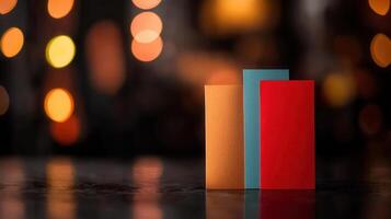 Three Colorful Vertical Rectangles on Dark Reflective Surface with Bokeh Lights Background photo