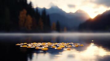 Serene Autumn Sunset over Mountain Lake with Floating Fall Leaves photo