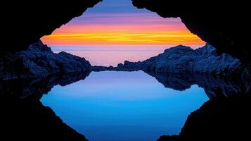 Serene Sunset View from a Coastal Cave Stunning ocean reflection at dusk photo