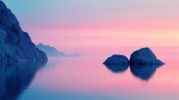 Serene Sunset Landscape Pink Sky over Calm Water and Mountain Rocks photo