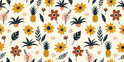 Spring Summer Theme with Leaves Pineapple and Flower in a Seamless Pattern Illustration. vector