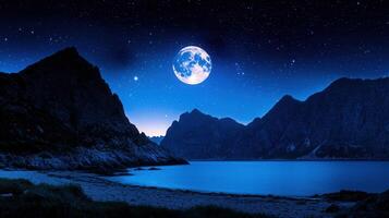 Majestic Full Moon over Serene Nighttime Mountain Lake Landscape A breathtaking view of a tranquil beach scene photo