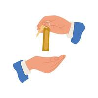 Two hands holding a key and a tag. The tag is yellow and the key is gold. Concept of giving a key to someone vector