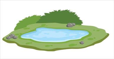 Pond and lake. Background for illustration. Flat cartoon. Landscape with grass, stones. Platform and ground. Element of nature and forests and water vector