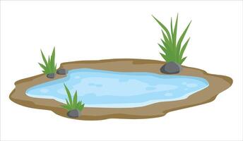Pond and swamp. Background for illustration. Flat cartoon. Landscape with grass, stones. Platform and ground. Element of nature and forests and water vector