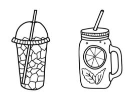 Ice Tea in Takeaway cup or in Mason jar glass with Straw set. A Black and white outline drawing. Minimalist style illustration in Doodle Style isolated on a background. Ideal for beverage branding vector