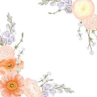 Spring square Frame, Border. Corner bouquets from Ranunculus and Iceland Poppies Flowers, Freesia and Snow Willow Branches. Watercolor hand painted botanical illustration isolated on a white vector