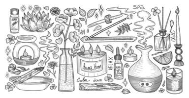 Large aromatherapy sketch set with candles, diffuser, oils, spa elements, and herbs - great for wellness content, relaxation themes, and essential oil packaging vector