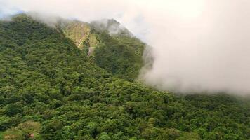 Aerial view of rugged terrain and lush green jungles in the Philippines on a sunny day with cloudy summit video