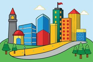 a city with a green grass and trees vector