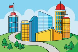 A cartoon drawing of a city with a green grass and trees vector