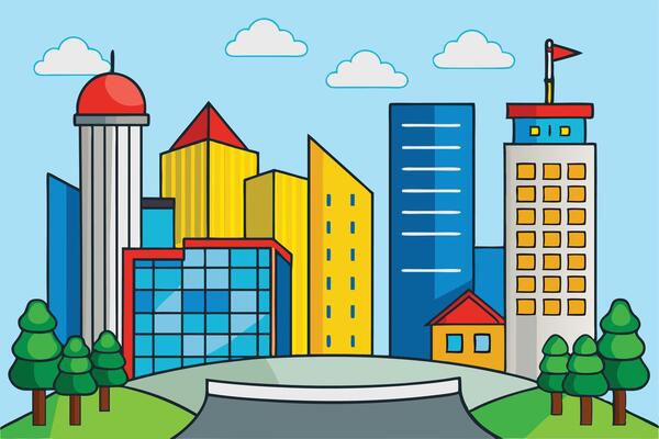 A cartoon a city with a green grass and trees
