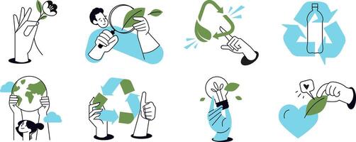 Set of people illustrations in various activities of ecology and environment, recycling, nature protection, renewable energy and sustainable technology. vector