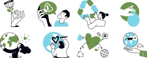 Nature and ecology concept illustrations. Set of people illustrations in various activities of ecology and environment, recycling, nature protection, renewable energy and sustainable technology. vector