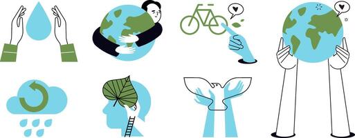 Nature and ecology. Set of people illustrations in various activities of ecology and environment, recycling, nature protection, renewable energy and sustainable technology. vector