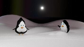 Two penguins standing in the snow with a moon in the background video