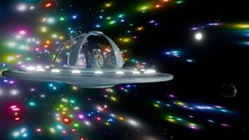 An alien spaceship is flying through the space with colorful lights video