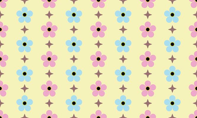 a detailed pattern composed of geometric designs with light blue and pink flowers on yellow background , design for fabric or various pattern printing works.