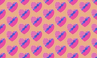 a detailed pattern composed of geometric designs with pink heart shape and bow on light orange background , design for fabric or various pattern printing works. vector