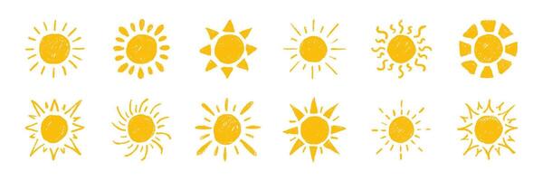Crayon pencil hand drawn sun collection. Chalk twinkle, blink, firework, silhouette and sparkles glowing symbols in sketch style. doodle texture illustration vector