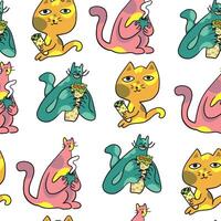seamless pattern with cats eats kebab vector