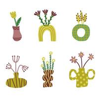 A collection of abstract floral vases with unique modern designs, featuring hand-drawn botanical elements, perfect for home decor, wall art, textiles, prints, stickers, and digital illustrations. vector