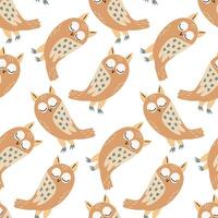 Seamless pattern of sleeping owls in a cute and cozy hand-drawn style, ideal for fabric, wallpaper, kids' designs, nursery decor, wrapping paper, and digital backgrounds. vector