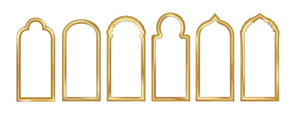Ramadan 3d gold arch frame. Golden arabesque window shape design for islamic eid background. Arabian mosque element with oriental border. Festive kareem label for traditional muslim decoration