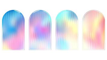 Ribbed glass arch panel background with corrugated texture and vibrant color. Frosted plastic arc with gradient. Holographic surface set on abstract plate. Light effect for podium or neon stage vector