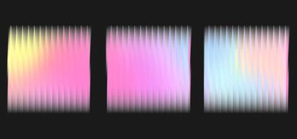 Corrugated glass effect on square background with texture. Polycarbonate with gradient and neon pattern. Holographic ribbed panel and reeded label set. Futuristic surface and smooth color gradation. vector