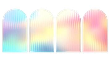 Corrugated glass arch wall with rainbow gradient glow. Abstract mirror shape on glossy plastic plate. Ribbed panel with light and neon surface. Bright and vibrant plate for futuristic wallpaper vector