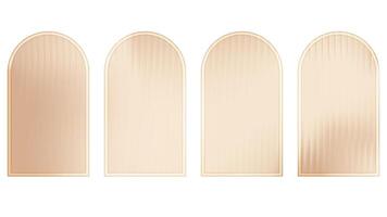 Ribbed glass arch wall with corrugated beige texture. Abstract brown pattern on glossy plastic plate. Gradient light across frosted panel and 3d podium. Gold circle stage set on white background vector