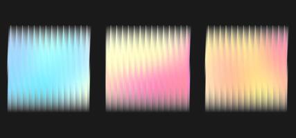 Corrugated effect on square glass. Polycarbonate texture with frosted light on ribbed panel. Holographic and glossy reeded label set. Abstract neon plate with transparent surface and smooth gradation. vector
