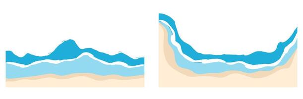 Summer beach border top view . Ocean wave pattern background with flat texture. Seaside shore banner frame design. Sea water with foam for vacation poster or collage. Overhead australia coast. vector