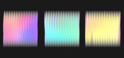 Corrugated glass effect on square background. Polycarbonate texture with frosted pattern on ribbed panel. Holographic and glossy reeded label set. Neon transparent surface and smooth color gradation. vector