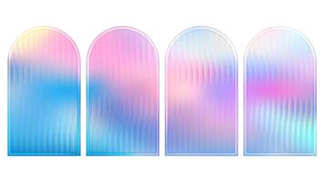 Corrugated glass arch background with frosted panel or plastic wall. Abstract gradient texture across 3d podium or circular mirror. Light reflection on ribbed surface with holographic effect vector