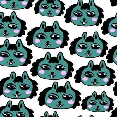 seamless pattern with green animal doodle face