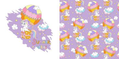 Happy unicorn. Isolated illustration and seamless pattern with unicorns and magic elements. Set of magic horse and background. For kids clothes, fabrics, dishes, bed linen, print, design vector