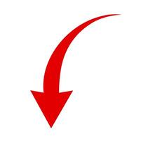Simple red curved arrow pointing to the down on a white background. Direction pointer. Arrow symbol for app, UI, web. Illustration vector