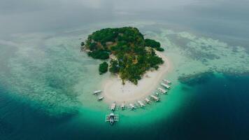 Captivating aerial view of a tree-lined island encased by bright azure seas in the Philippines. video