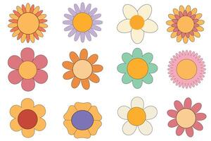 Colorful cartoon flower collection with various petal shapes and pastel colors on white background for spring design vector