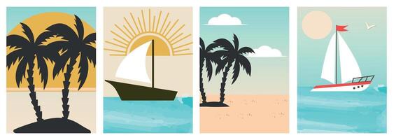 Set of tropical beach and sailing posters illustrations with palm trees, boats, sun, and ocean in flat style vector